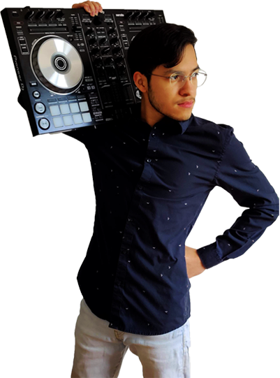 Angel posing with a dj mixer over his shoulder